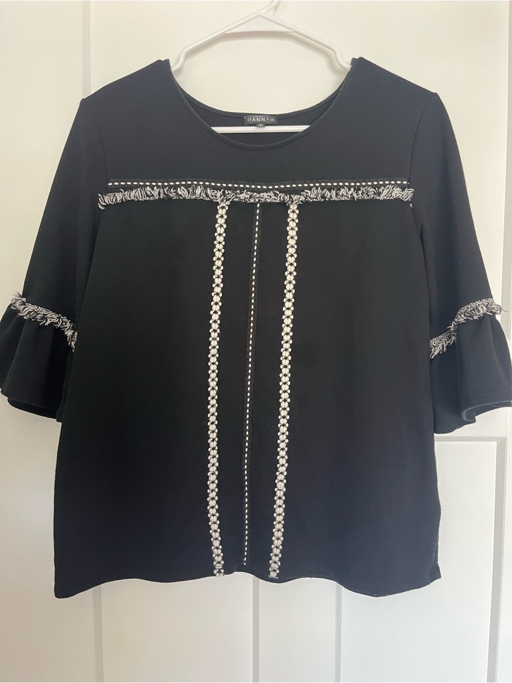 Hannah Black Bell Sleeve Top Tweed Fringe Trim Boho Blouse M